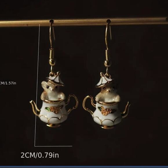 Teapot Mouse Dangle Earrings – 14K Gold Plated Enamel Charm, Kawaii New - Picture 4 of 4